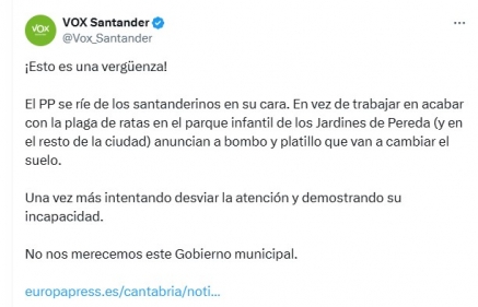 VOX denuncia que el PP cambia el suelo mientras las ratas siguen en el parque infantil de los Jardines de Pereda